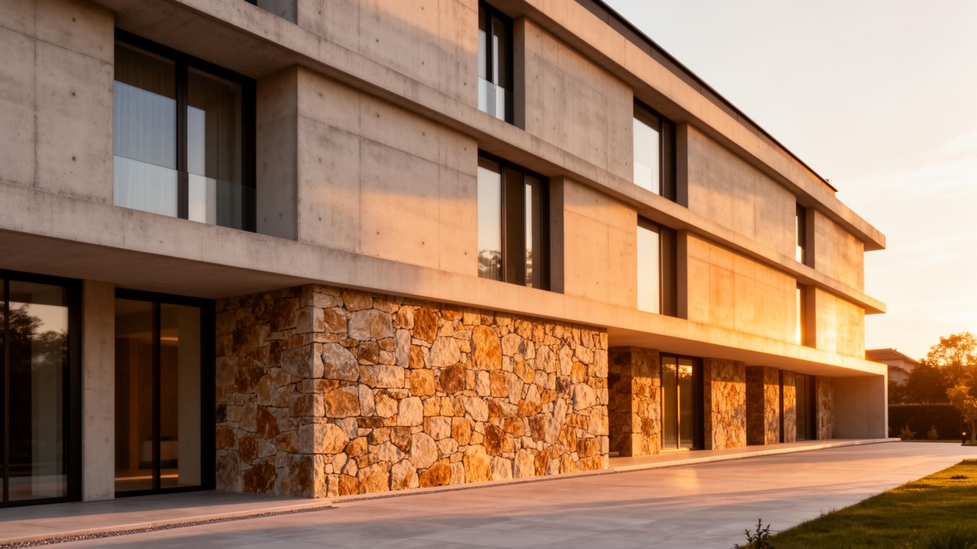 Модерна архитектура с естествен камък и бетон — изпълнение от Котис